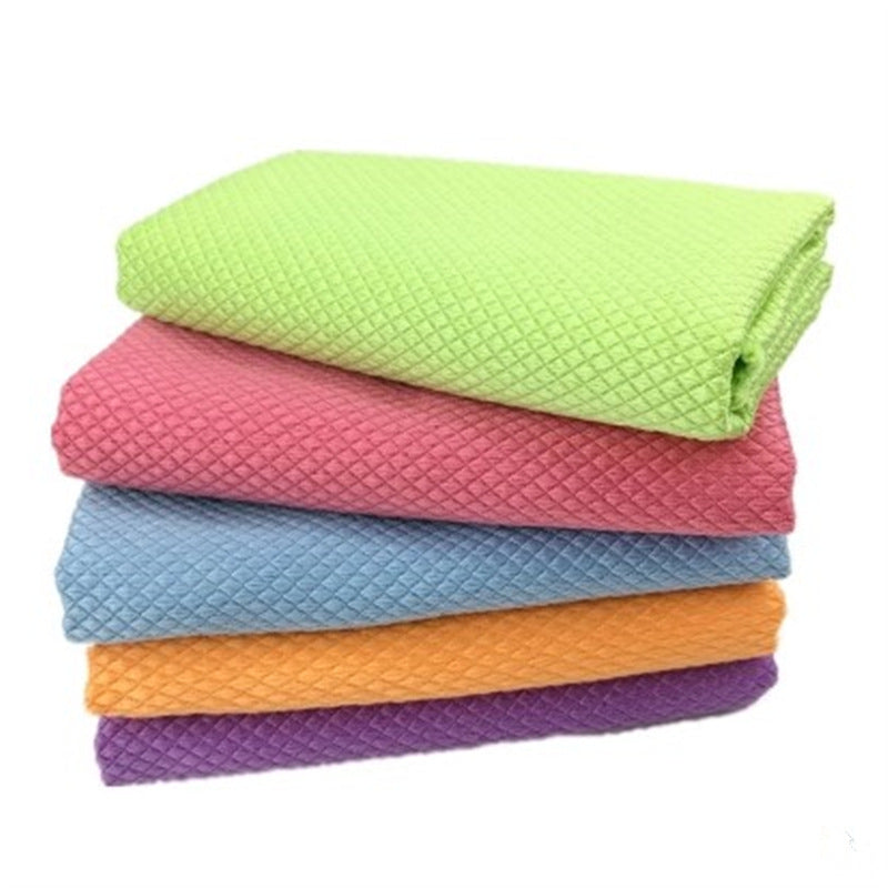 Five folded microfibre cloths in assorted colours, stacked on a white background.